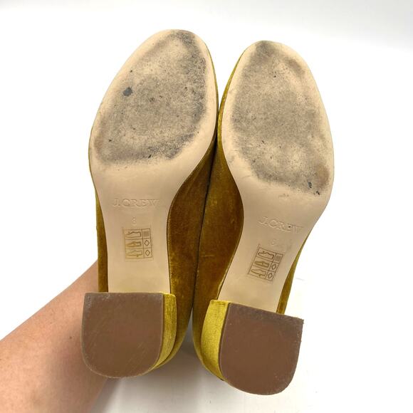 J. Crew Mustard Velvet Heels with Navy Bow - Picture 7 of 10